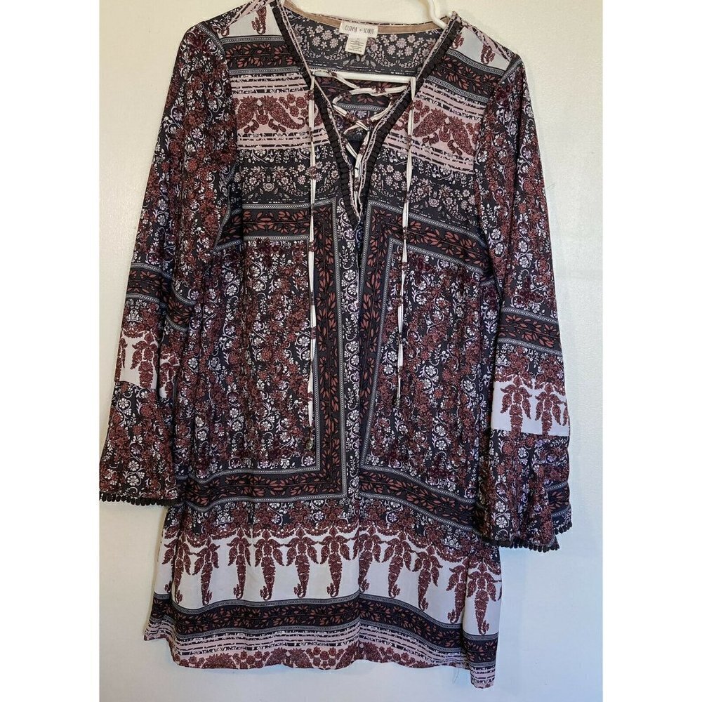 Clover+Scout Maroon Pattern Lace Up Bodice Long Sleeve Trim Cuff Shift Dress-Med